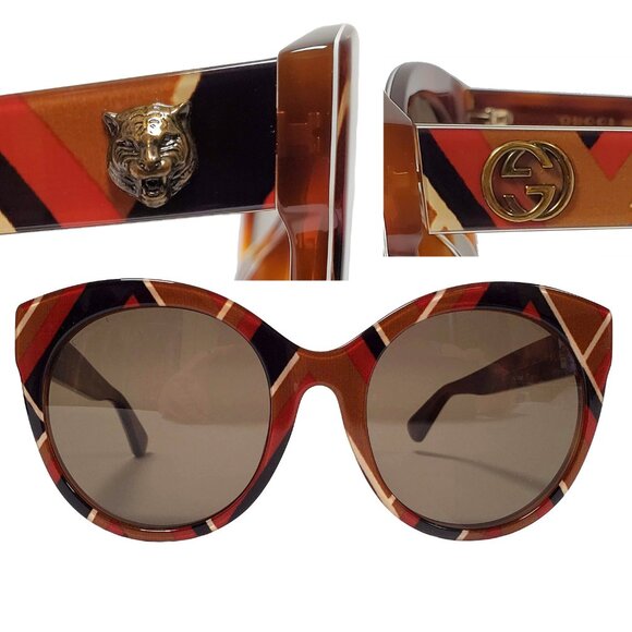 GUCCI SUNGLASSES GG0028SA 008 CAT EYE CHEVRON FELINE LOGO TEMPLES - Picture 1 of 11
